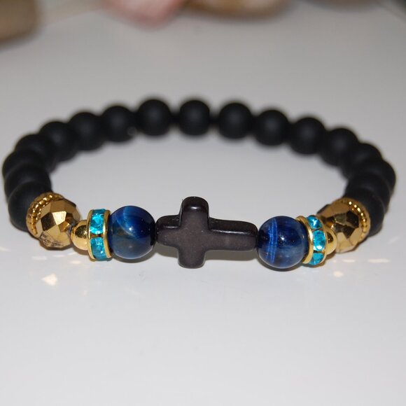 Cross Bracelet,Onyx Bracelet,Cross Onyx Stone Beads Bracelet,Onyx & Colorful Bea - Picture 3 of 3